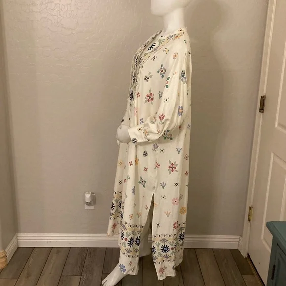 ZARA Oversized Linen Blend Floral Print MIDI Kaftan Dress White Large - Picture 10 of 13